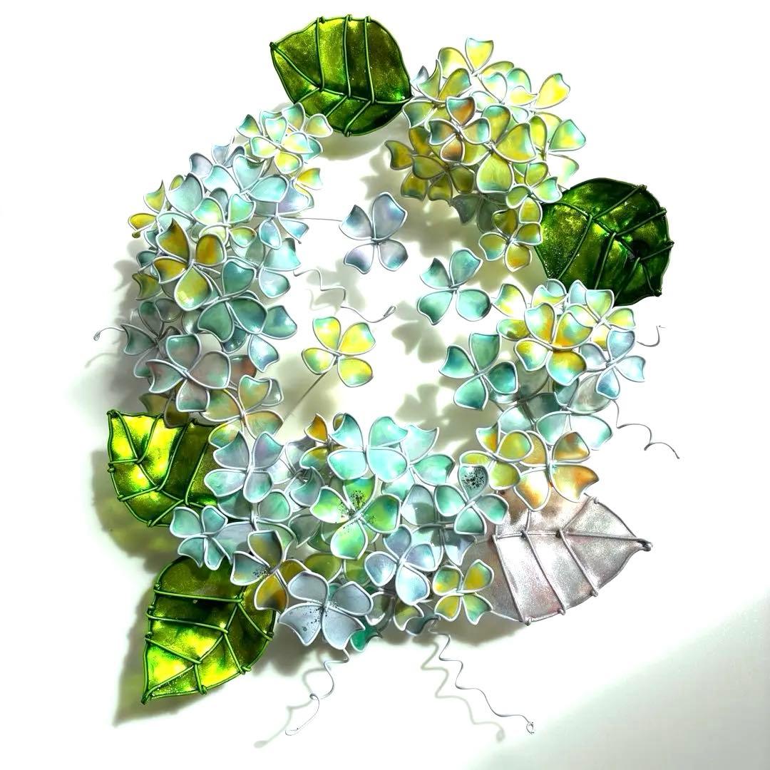 オーバル型グリーンイエロー紫陽花リース　ワイヤークラフト