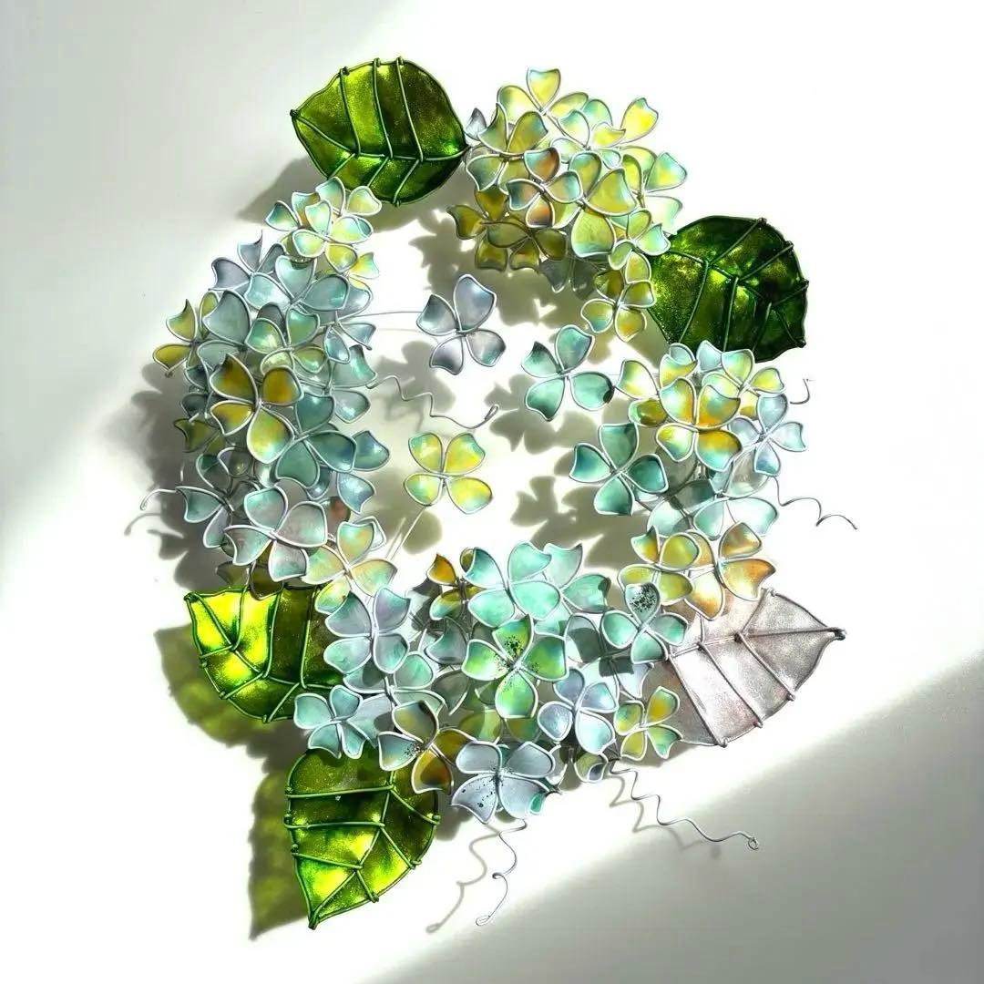 オーバル型グリーンイエロー紫陽花リース　ワイヤークラフト
