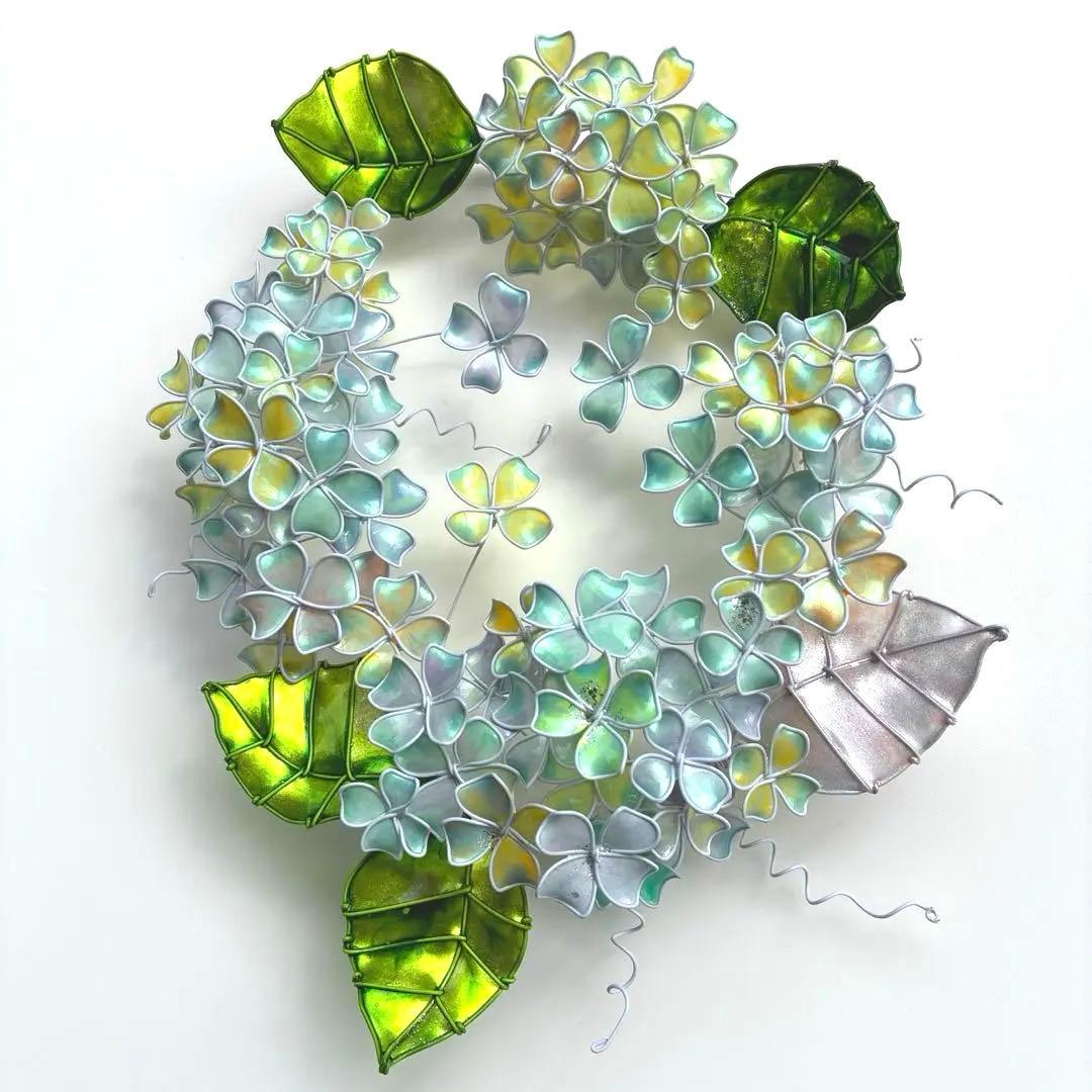 オーバル型グリーンイエロー紫陽花リース　ワイヤークラフト