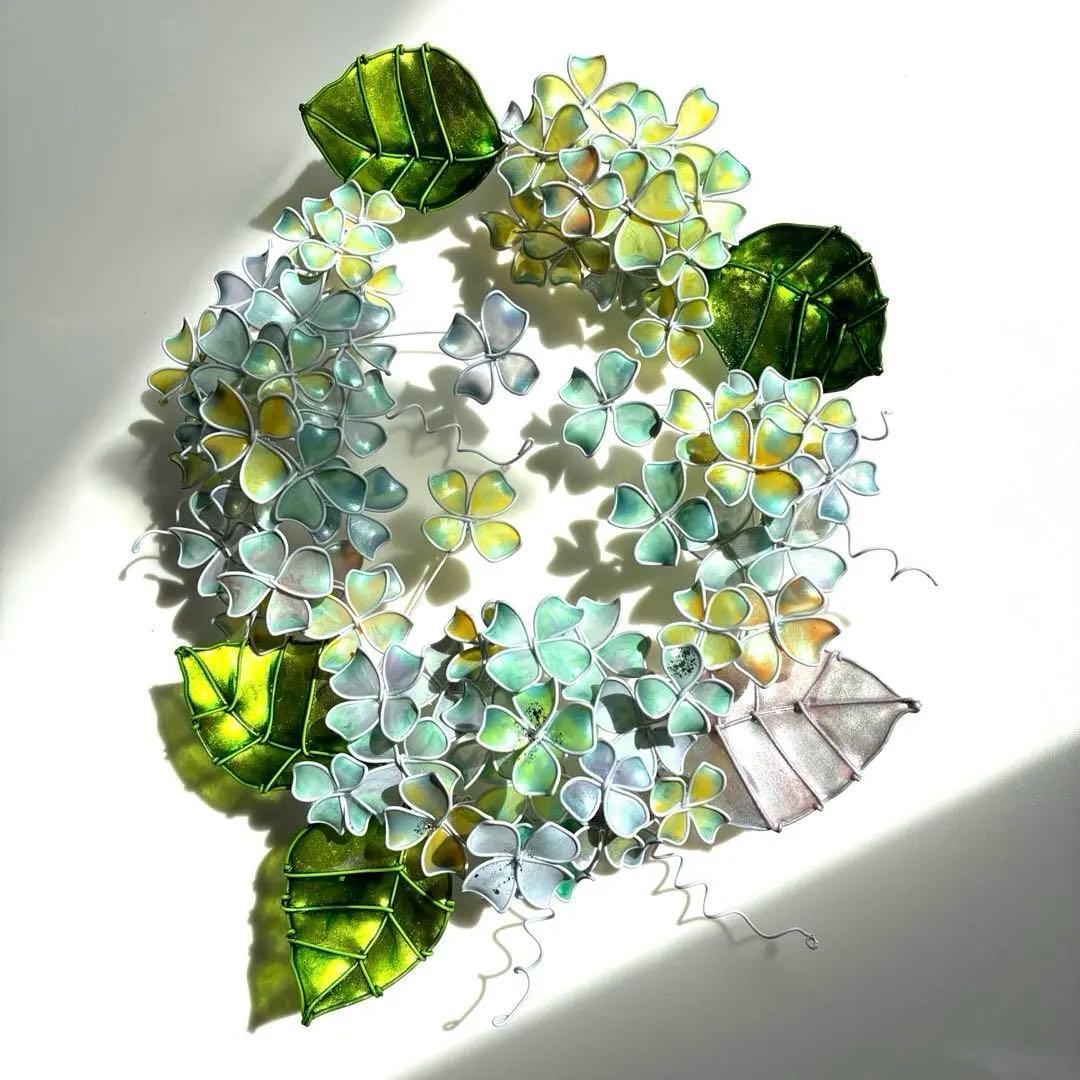 オーバル型グリーンイエロー紫陽花リース　ワイヤークラフト