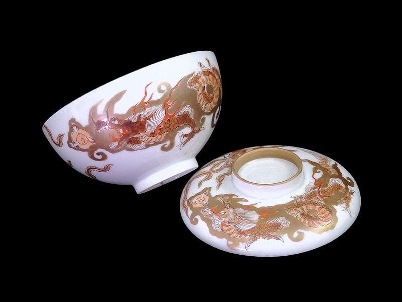 古伊万里　金襴手　龍に鳳凰の図　蓋茶碗　135AS-DBt