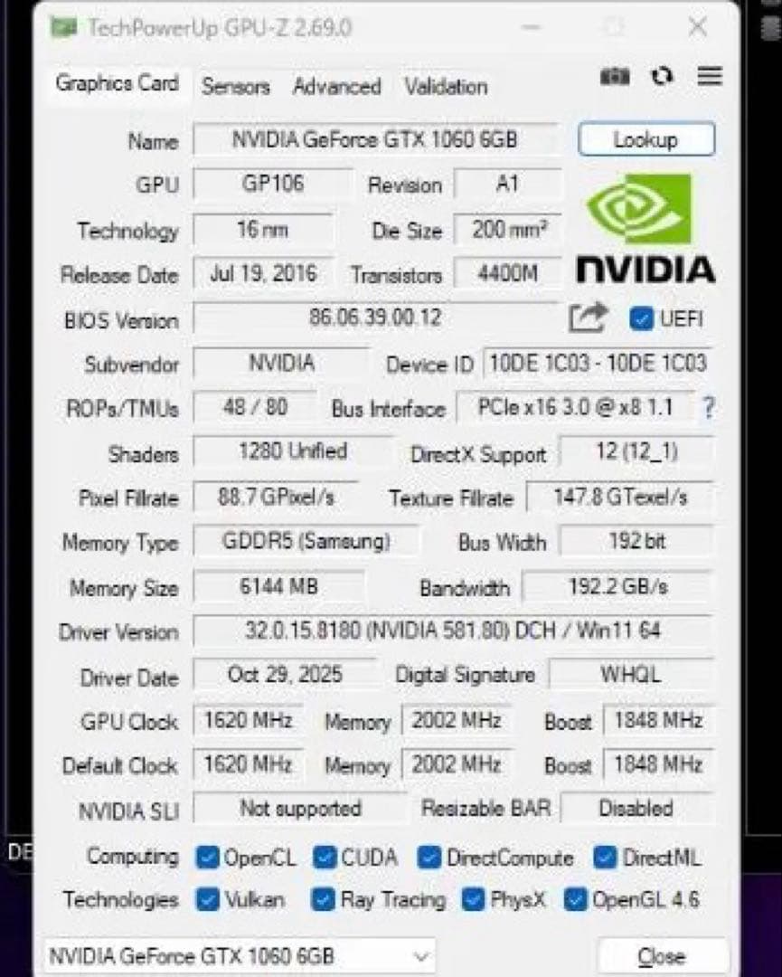 動作品 Palit GTX 1060 6GB Super JetStream