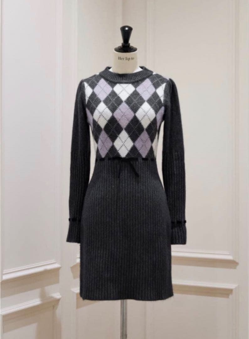 Herlipto♡Moor Argyle Ribbon Knit Dress M