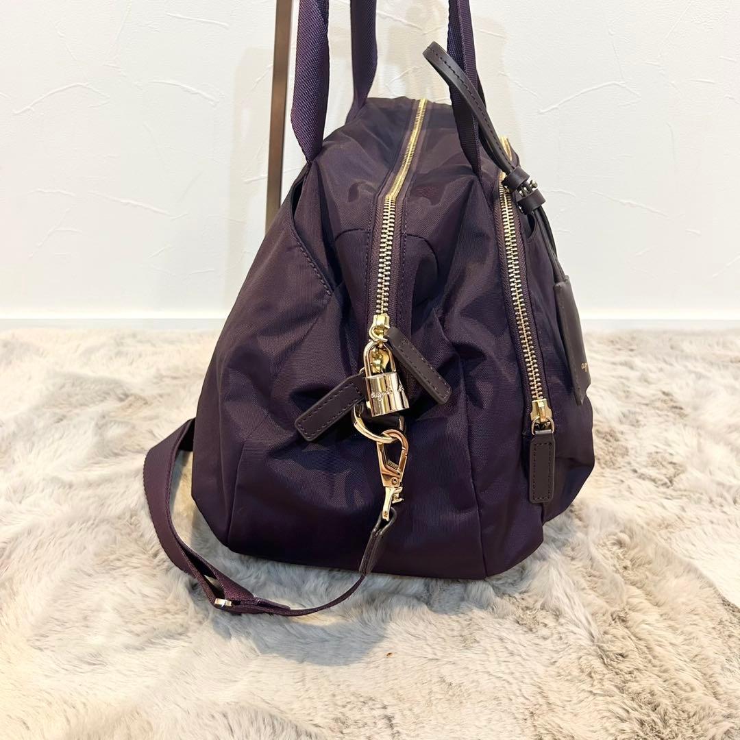 美品 agnes b. 2Way ボストンバッグ 南京錠 チャーム 紫 パープル