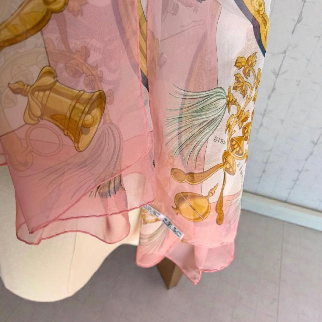 HERMES シルクモスリン ストール　羽飾りと鈴　174×89 大判