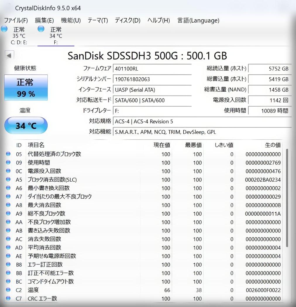 SanDisk Ultra 3D SSD 500GB③◆健康状態99%