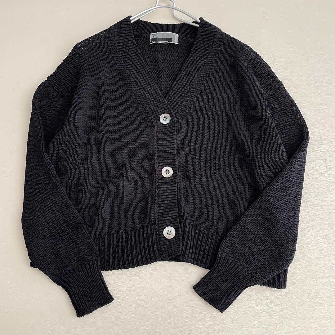 美品✨カオス　シルク　ニットカーディガン　シェルボタン　ショート　ブラック　F