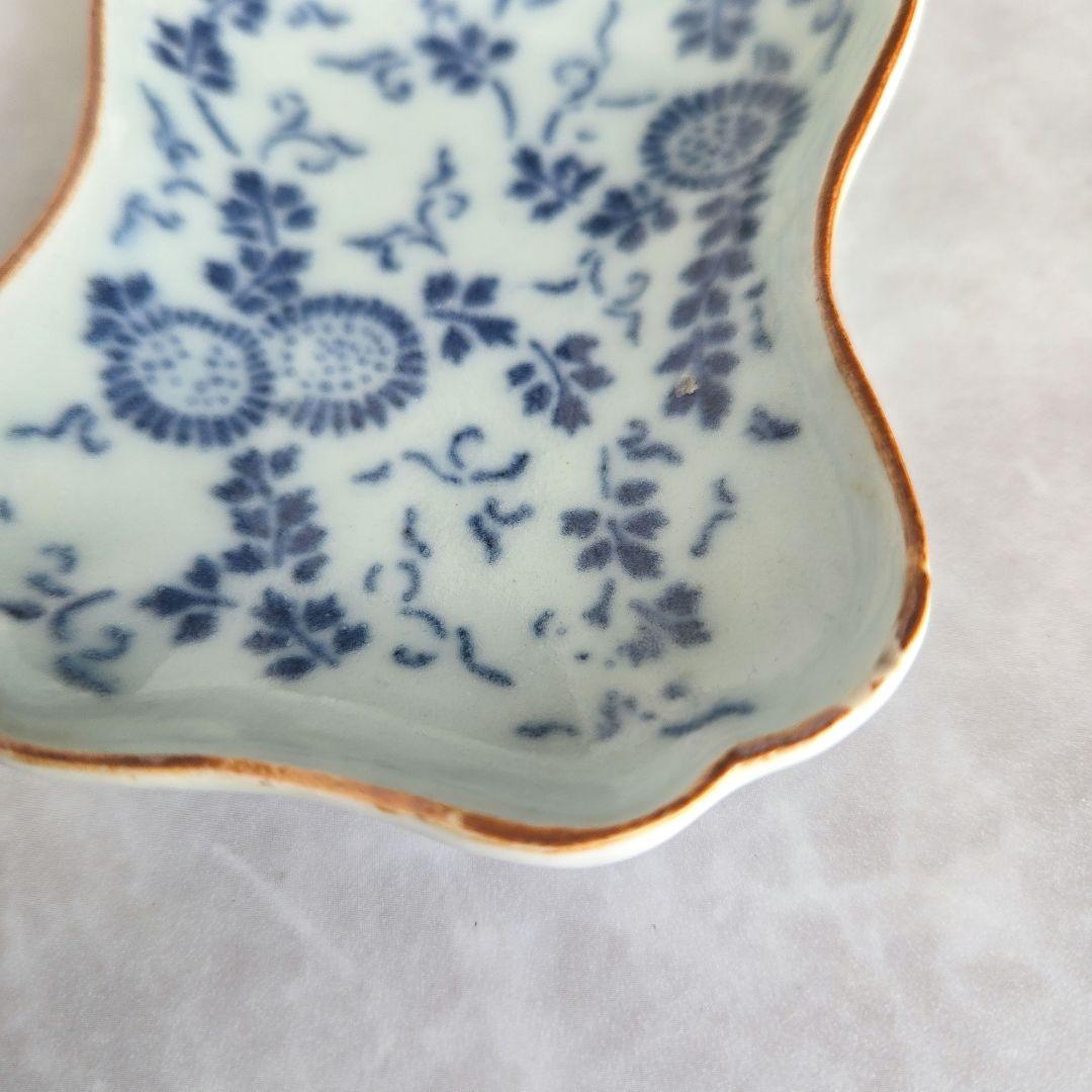 古伊万里　染付　型紙摺印判　小皿　豆皿　江戸　菊唐草　骨董　印判　アンティーク