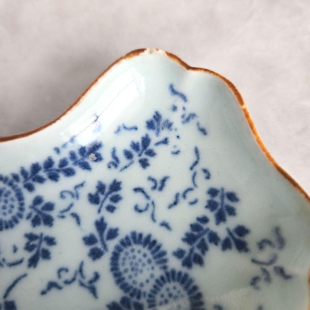 古伊万里　染付　型紙摺印判　小皿　豆皿　江戸　菊唐草　骨董　印判　アンティーク