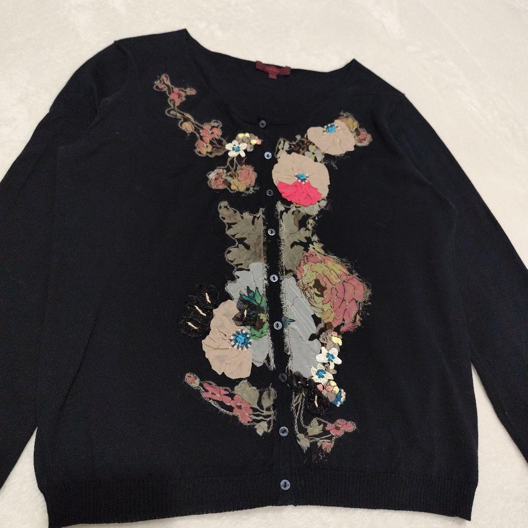 KENZO コットンカーディガン シルクフラワー装飾 ブラック L