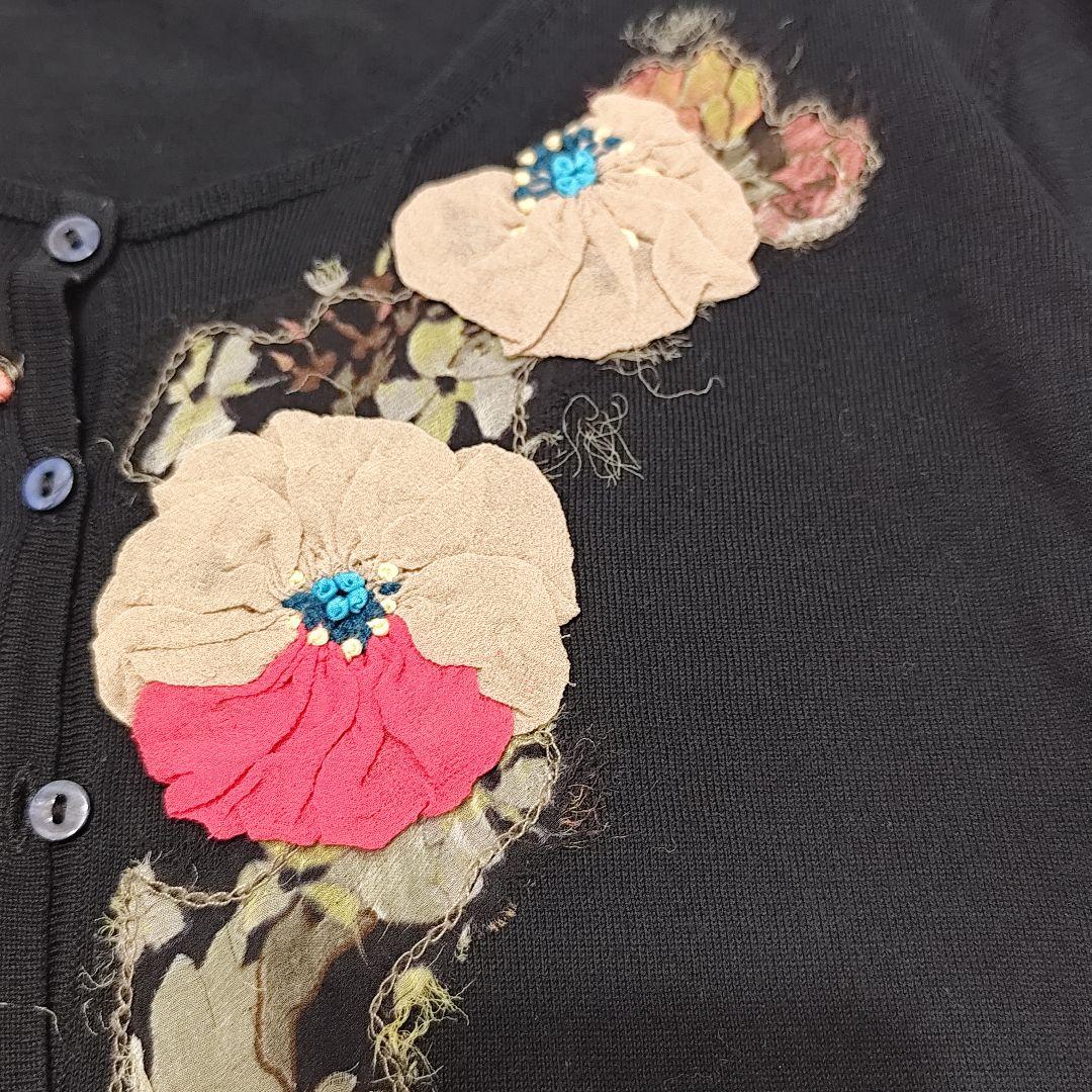 KENZO コットンカーディガン シルクフラワー装飾 ブラック L