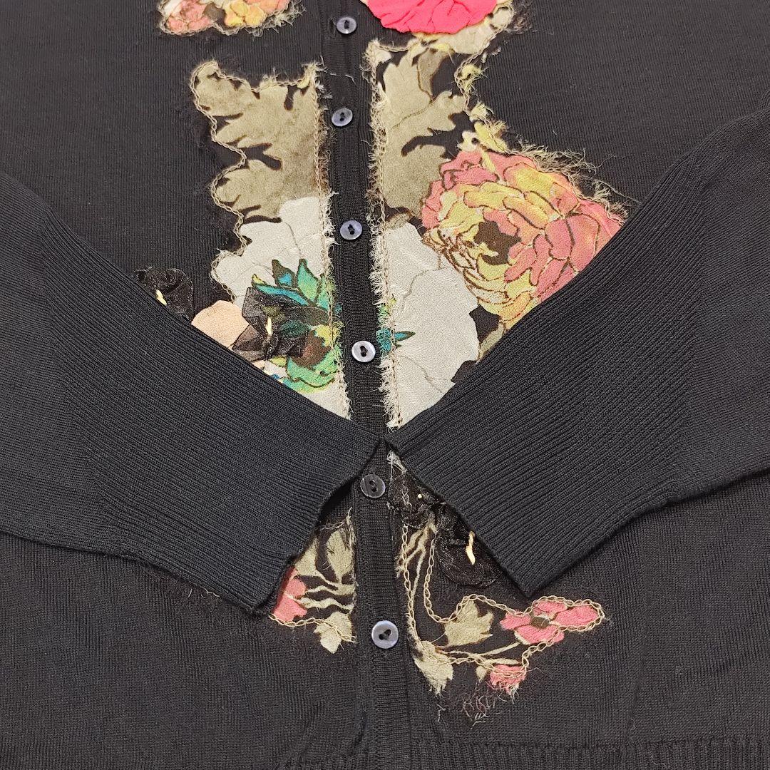 KENZO コットンカーディガン シルクフラワー装飾 ブラック L