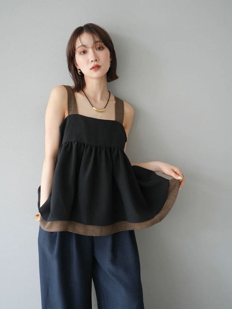 リネンライク配色フレアタンクトップ バイカラーツイードキャミ 黒 Lumier