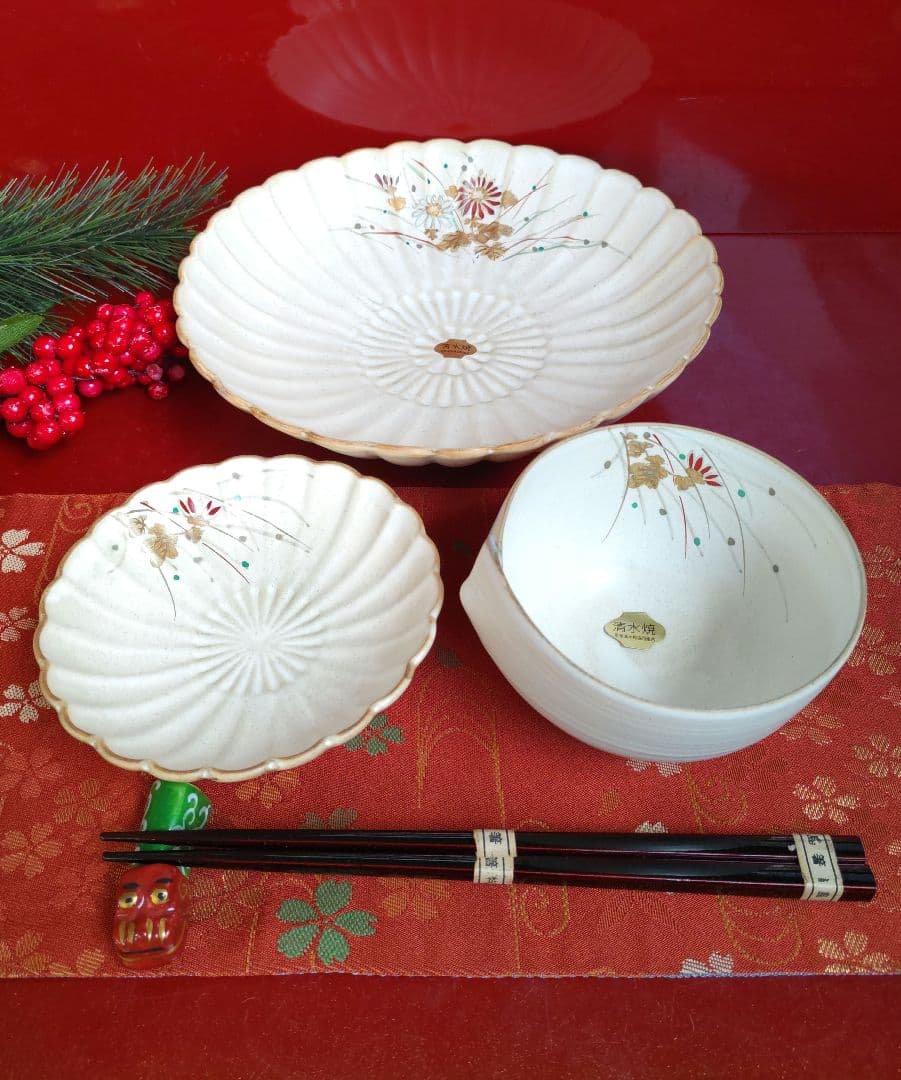 新品　京焼清水焼　雲楽窯　斎藤雲楽　菊割大皿小皿　綴じ目小鉢　11点