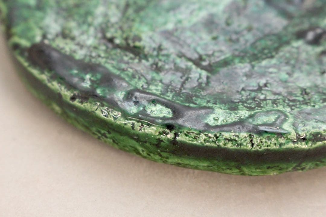No5155 楽焼　緑釉古瓦文瓶台　直径10.5cm 陶印有　煎茶道具　送料無料