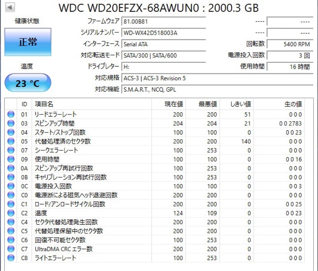 【短時間使用】WD Red Plus 2TB HDD WD20EFZX