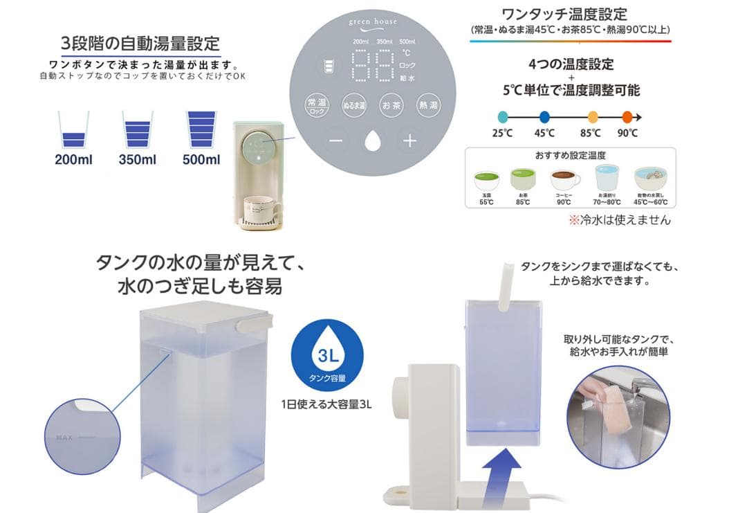 グリーンハウス 瞬間湯沸かしウォーターサーバー 3L