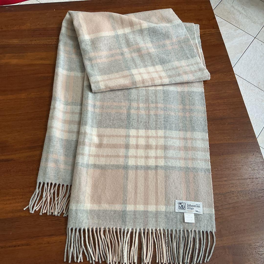 シップス別注 ジョンストンズ カシミヤ 100% チェック大判ストール ピンク