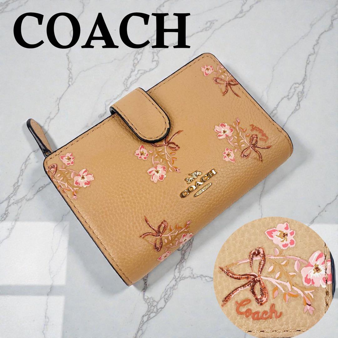 美品✨ COACH コーチ コンパクト 二つ折り財布 花柄 リボン シボ革
