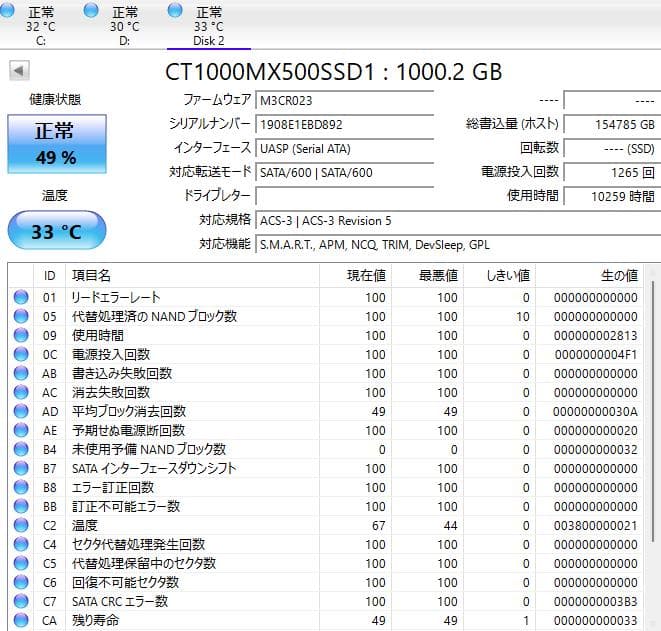 Crucial MX500 1000GB 1TB 2.5インチ SSD