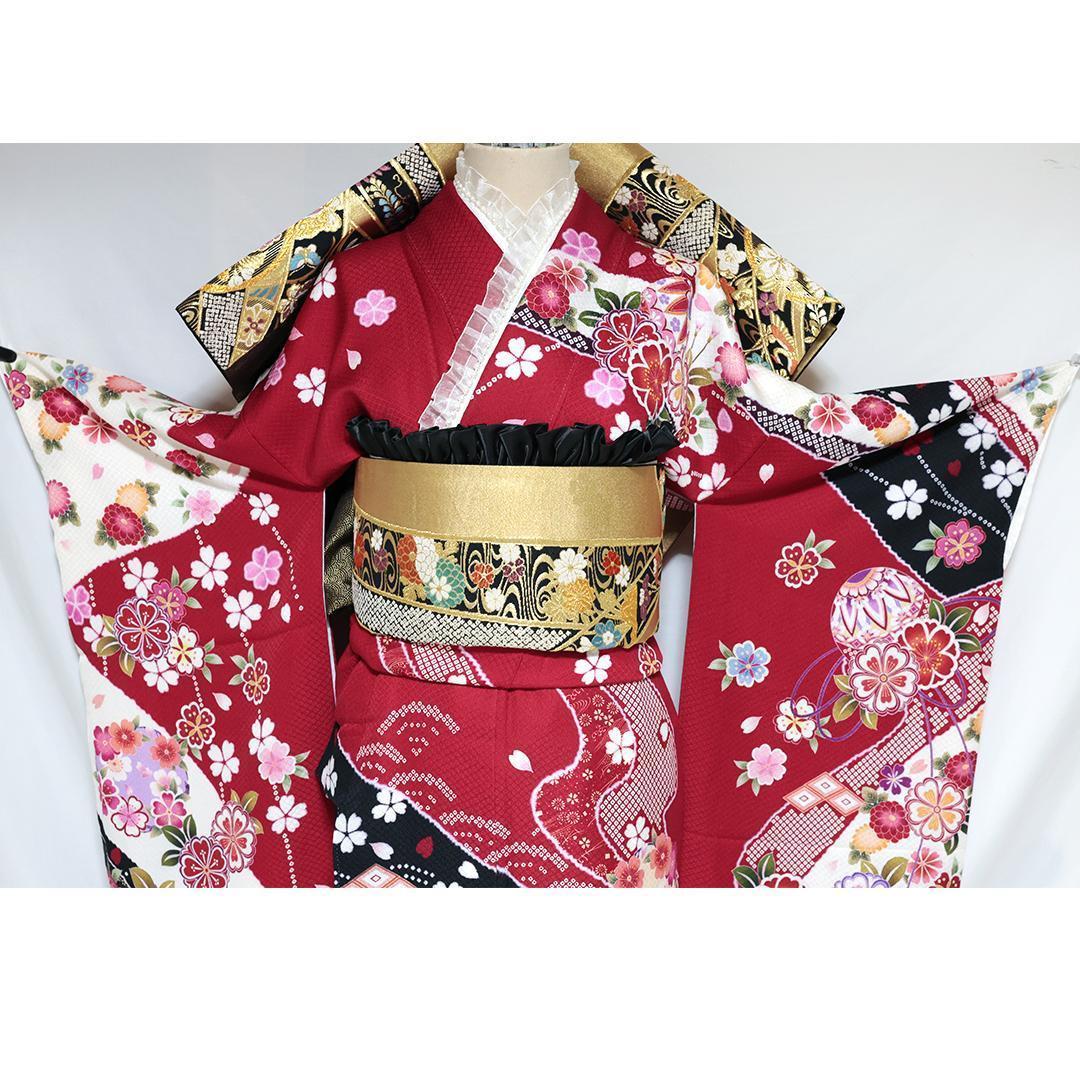 も*ー様 振袖単体◆処分 特価品 赤系◆ 160cm 現代柄正絹黒成人式前撮り正