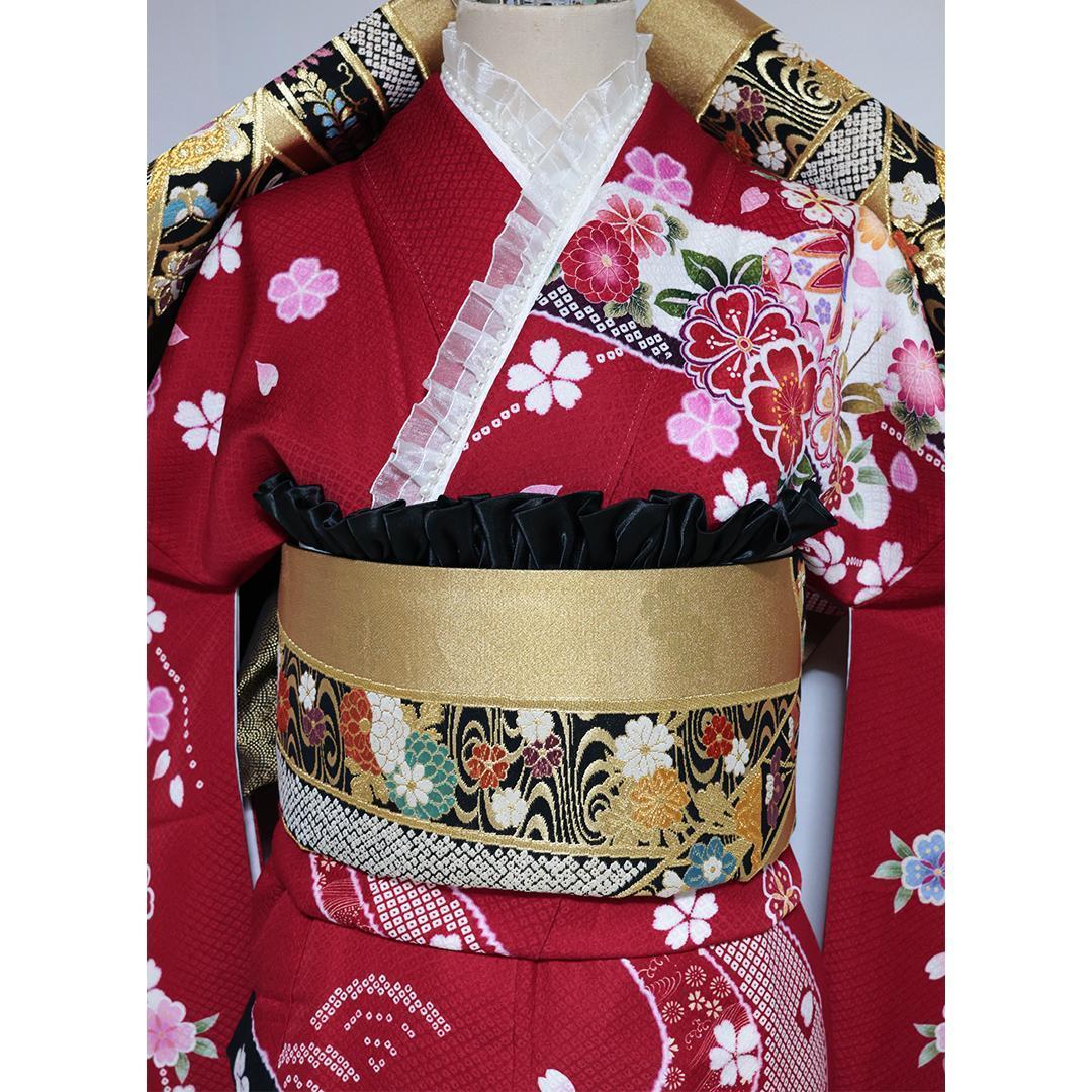 も*ー様 振袖単体◆処分 特価品 赤系◆ 160cm 現代柄正絹黒成人式前撮り正