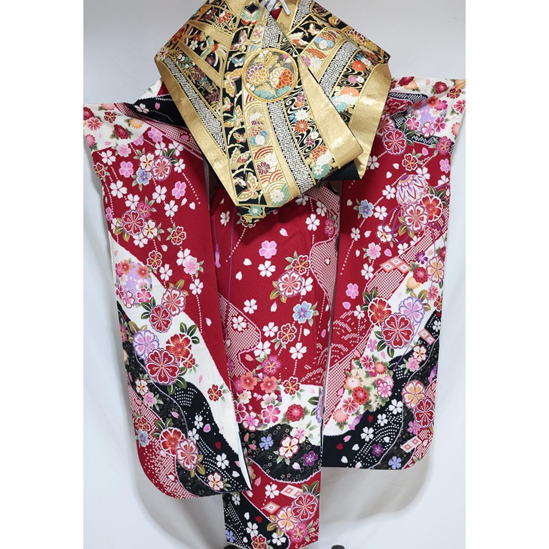 も*ー様 振袖単体◆処分 特価品 赤系◆ 160cm 現代柄正絹黒成人式前撮り正