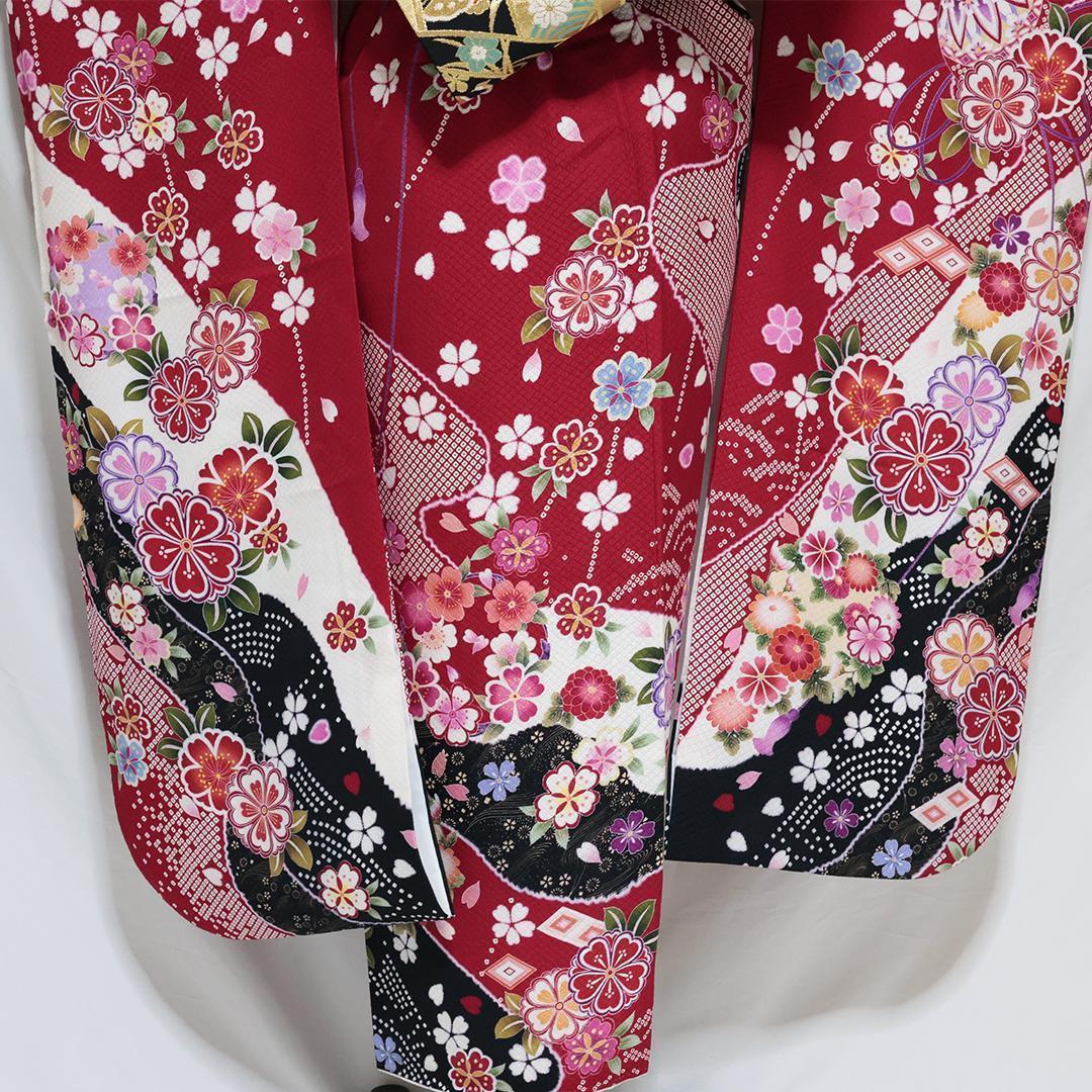 も*ー様 振袖単体◆処分 特価品 赤系◆ 160cm 現代柄正絹黒成人式前撮り正