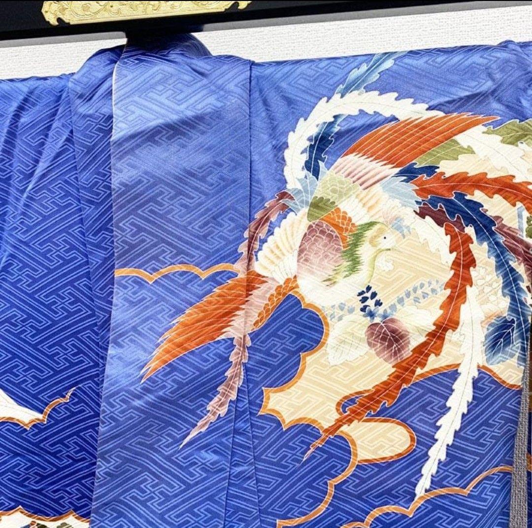 引き振袖 掛下 比翼 金彩 地紋 結婚式 舞台衣装 青　鳳凰柄