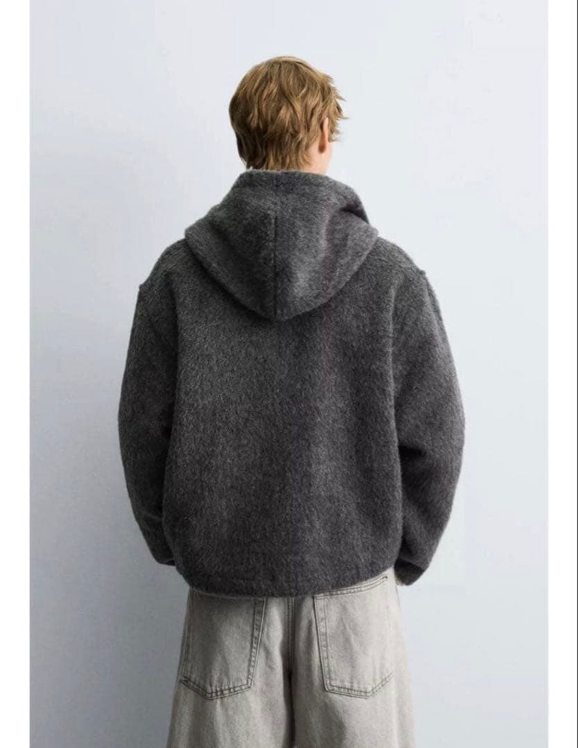 【完売品】 グレー ZARA フェイクファーシャツジャケットフード付き M