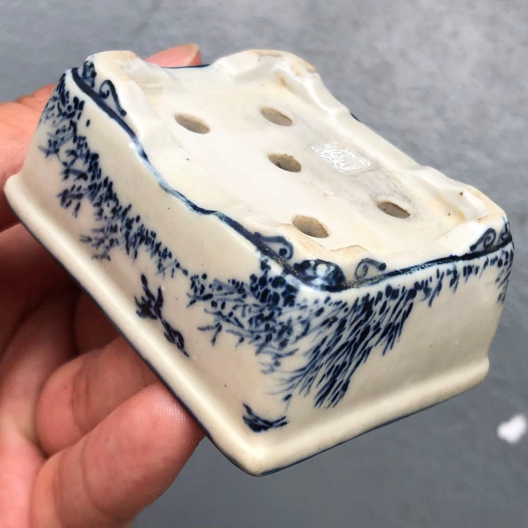 420.英仙造 染付段足長方 盆栽鉢 6.6*5.3*3cm