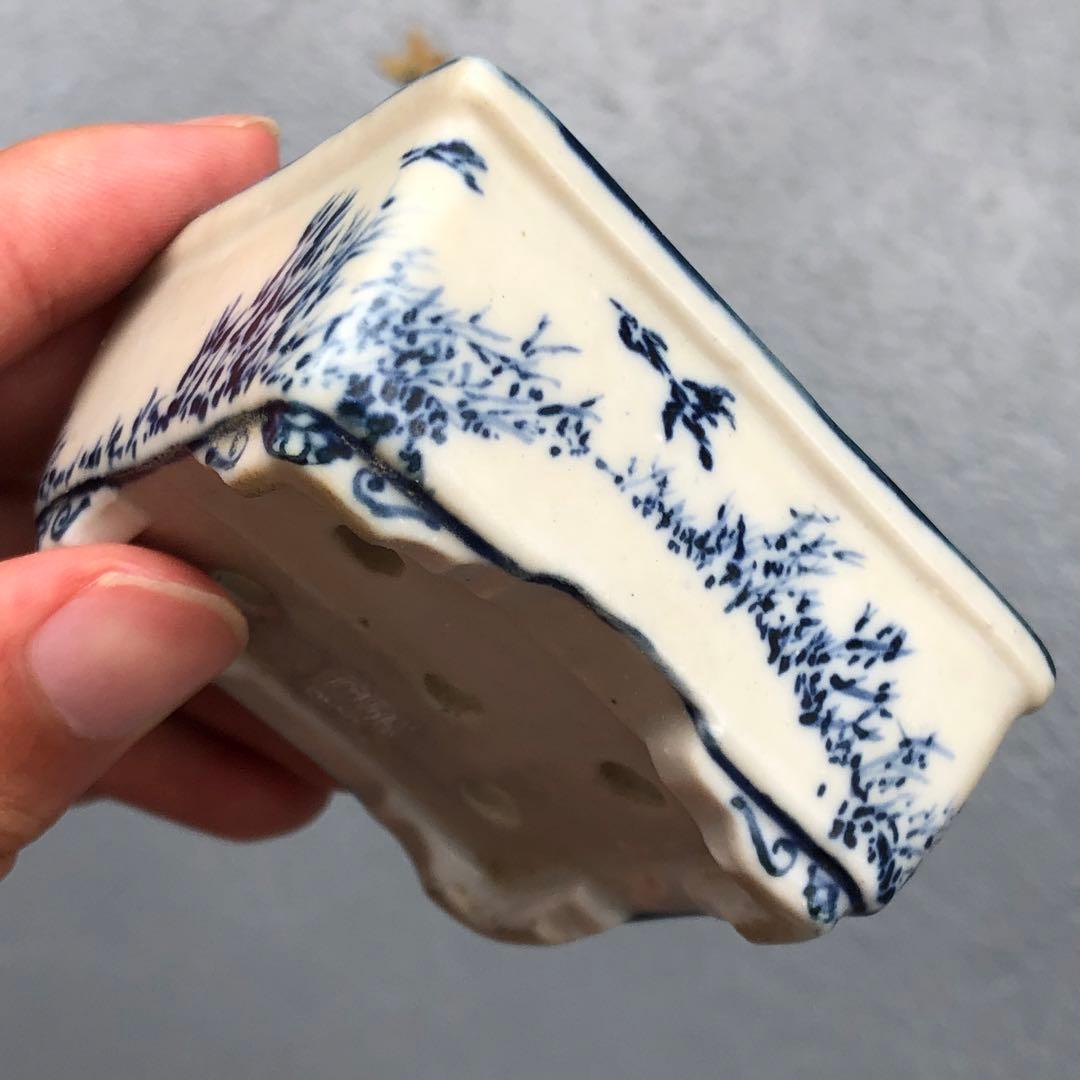 420.英仙造 染付段足長方 盆栽鉢 6.6*5.3*3cm