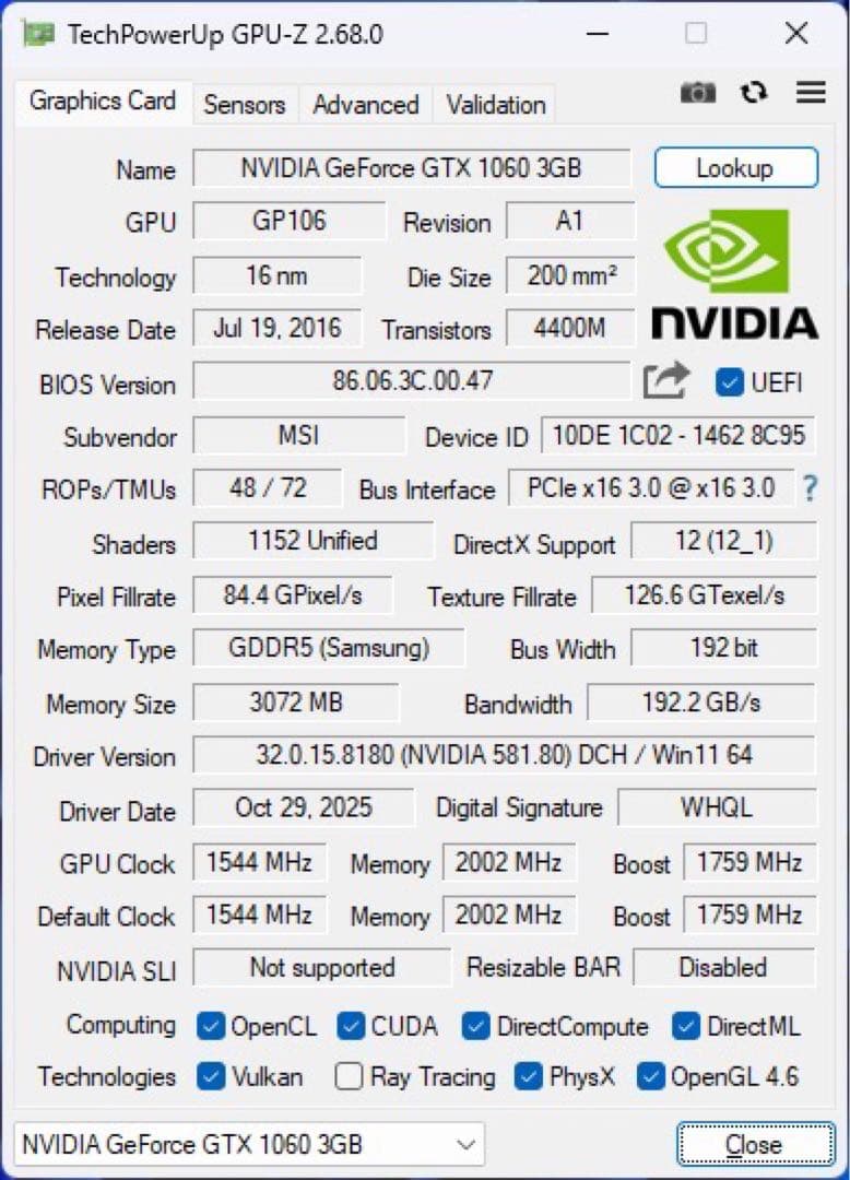 動作確認済 MSI GTX1060 3GB OC NVIDIA GeForce