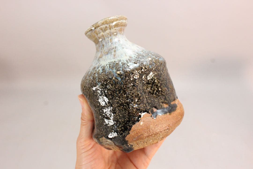 No5163 三里窯　浜本洋好　唐津花入　高さ13cm 共箱　古美術　送料無料