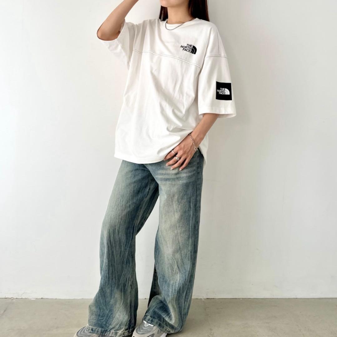 【韓国限定】男女兼用 ノースフェイス ロゴ ステッチ Tシャツ ホワイト　XL