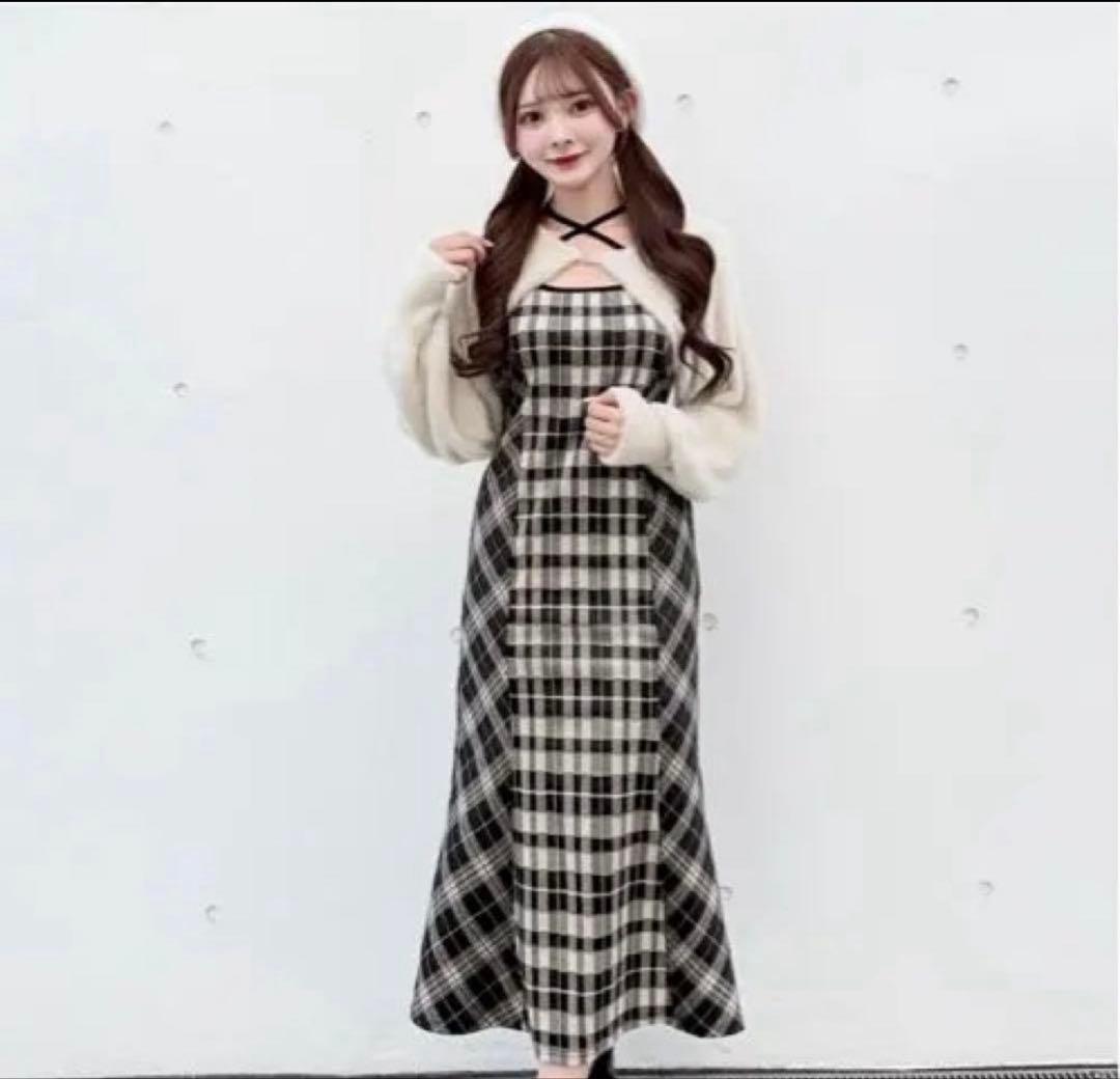 NOMAE シャギーボレロロングチェックワンピース