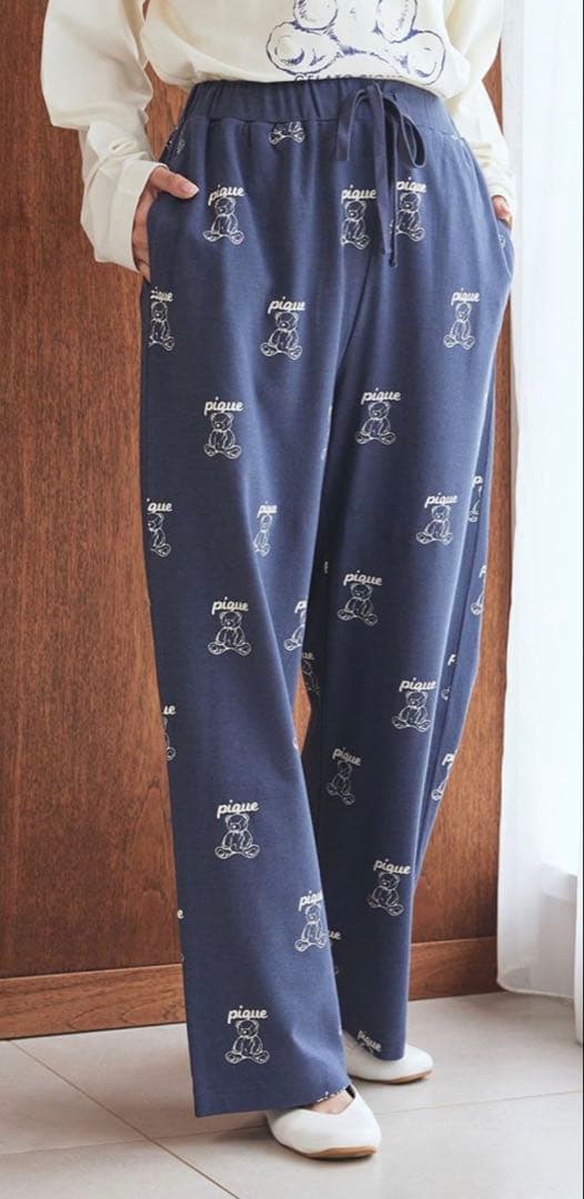 ジェラートピケ 【UNISEX】総柄ロングパンツM-L ネイビー　新品タグ付