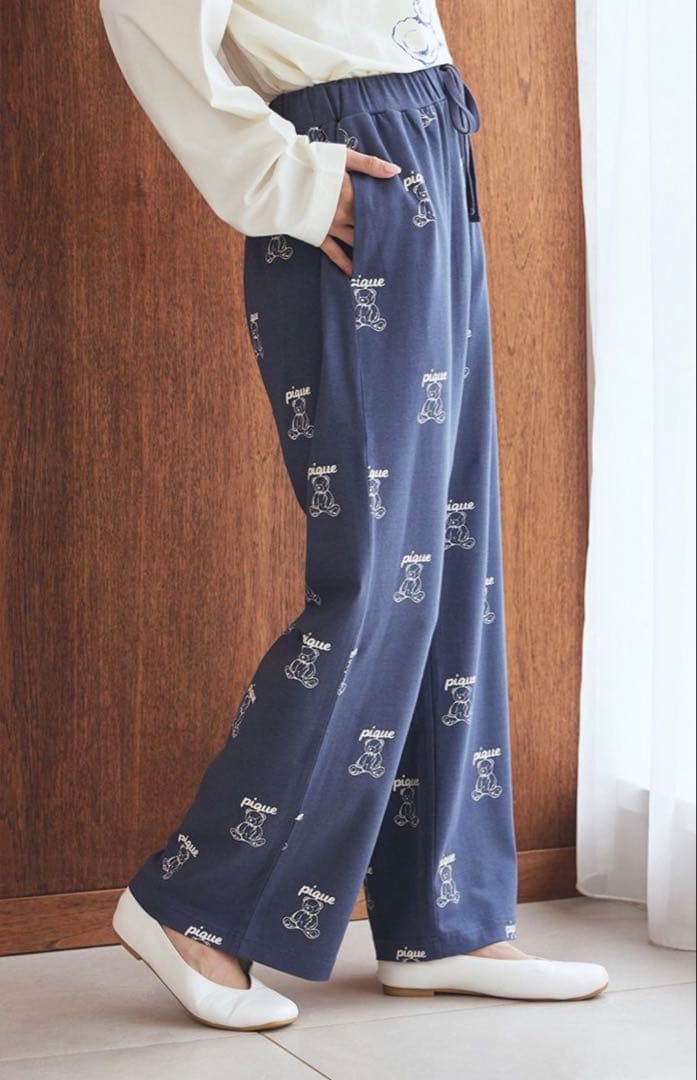 ジェラートピケ 【UNISEX】総柄ロングパンツM-L ネイビー　新品タグ付