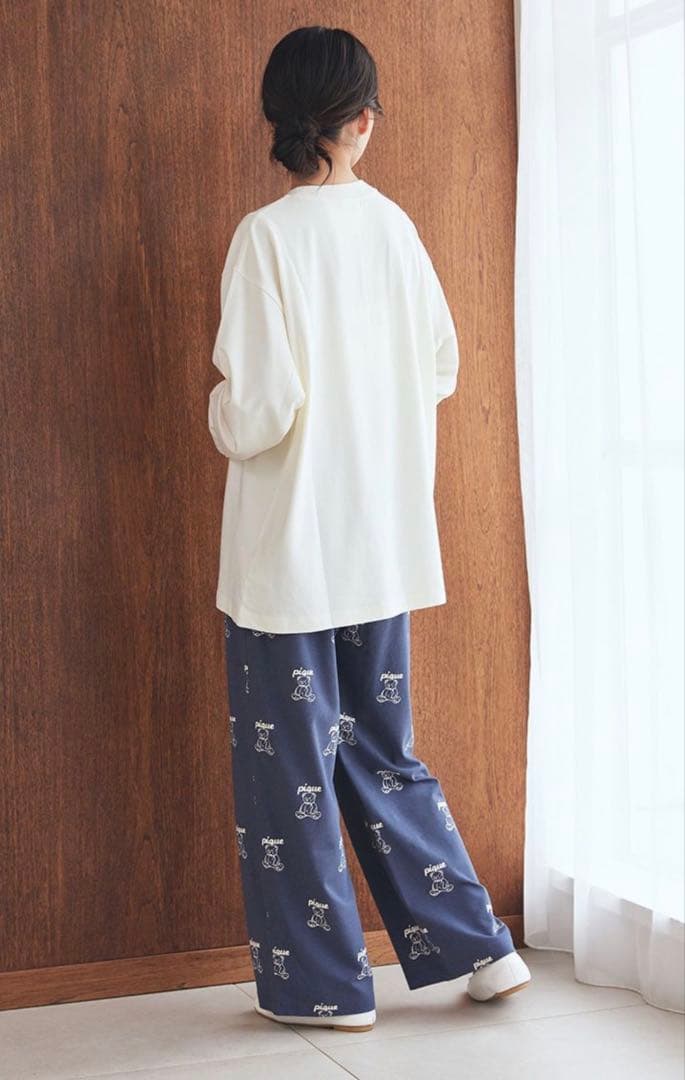 ジェラートピケ 【UNISEX】総柄ロングパンツM-L ネイビー　新品タグ付