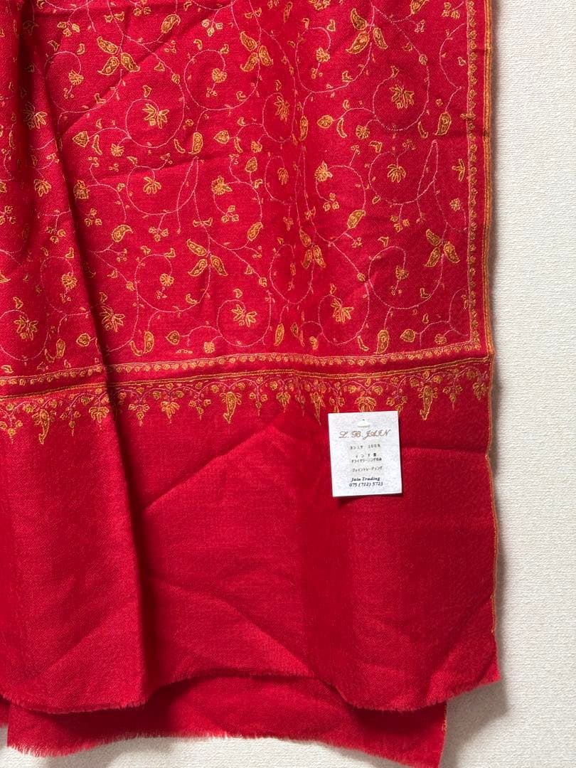 L.B. JAIN 赤色刺繍カシミア100%ストールパシュミナ☆新品美品☆