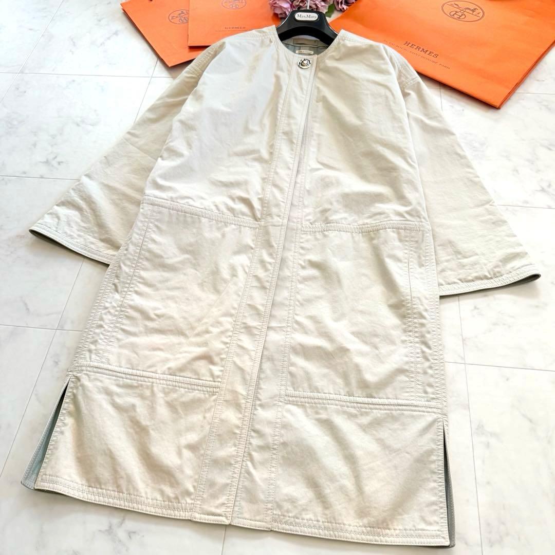 希少★HERMES ロングコート ノーカラー バイカラー フランス製 34