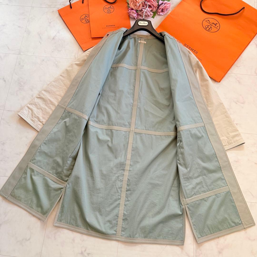 希少★HERMES ロングコート ノーカラー バイカラー フランス製 34