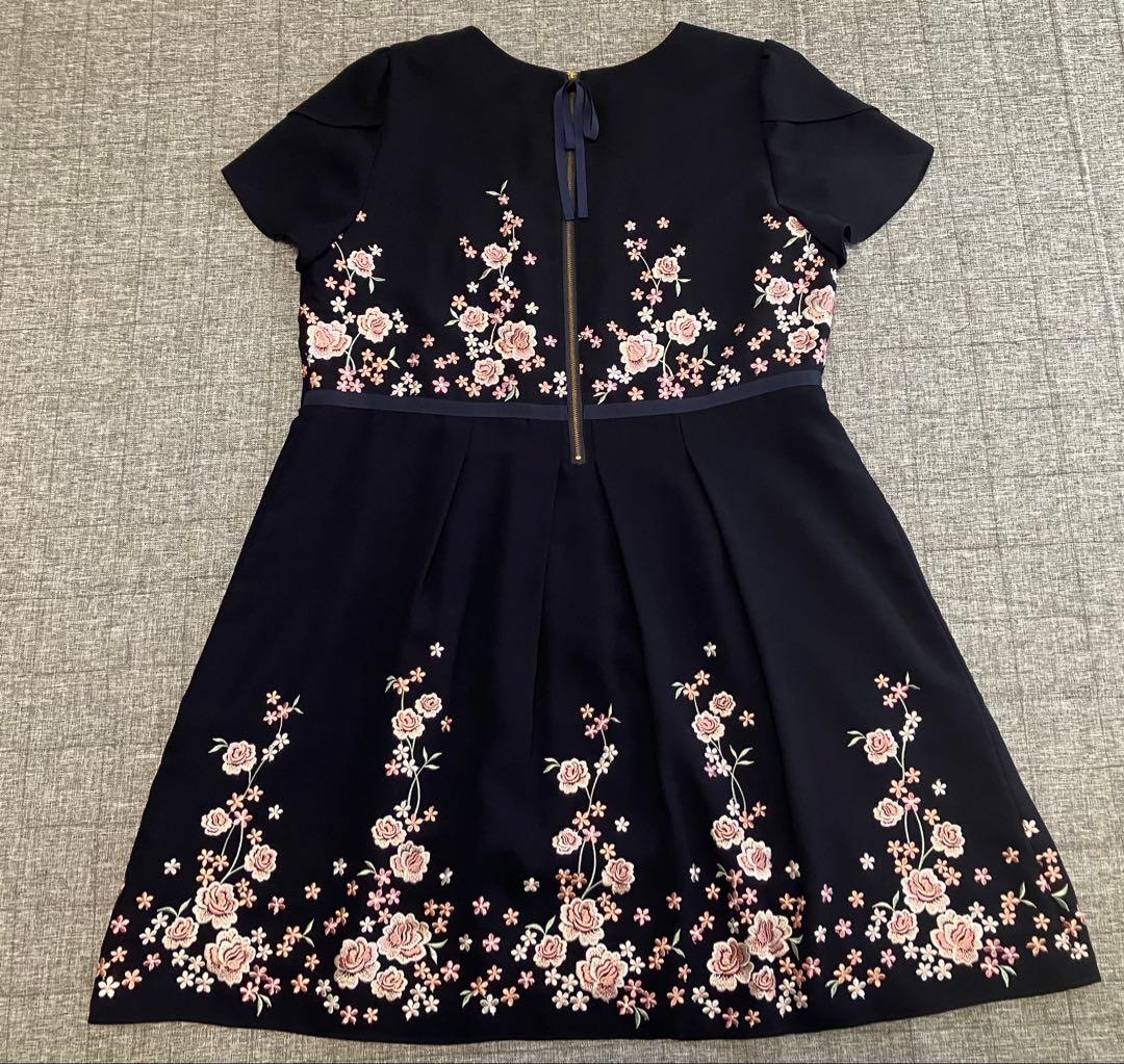 【美品☆希少46】ピンク花柄刺繍ワンピース　ローズティアラジュエル　ネイビー