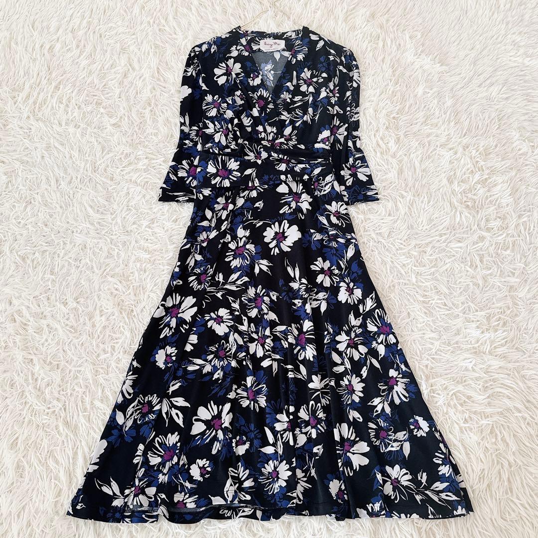 美品 11号✨近年 kayme ケイミー 花柄 カシュクールワンピース ネイビー