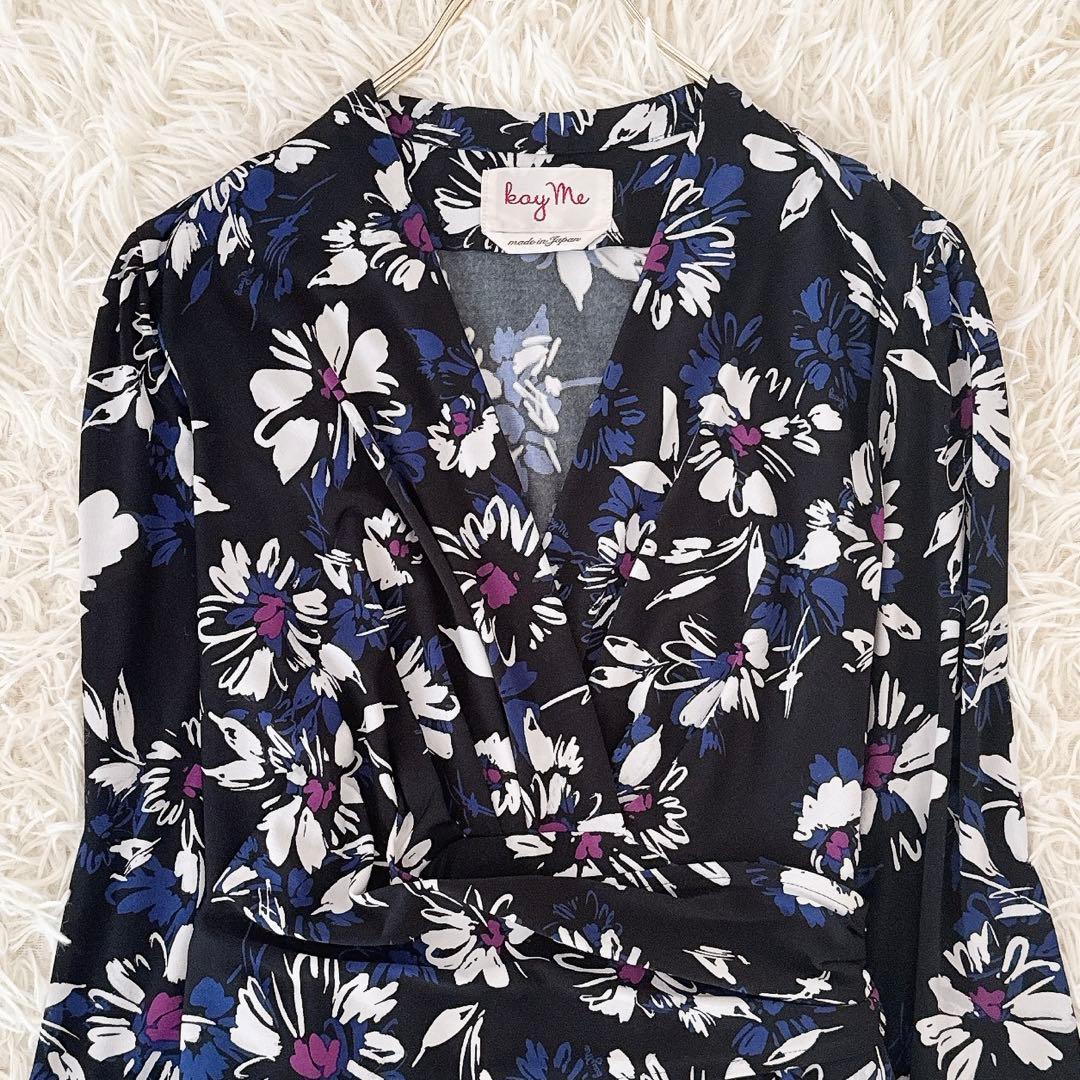 美品 11号✨近年 kayme ケイミー 花柄 カシュクールワンピース ネイビー