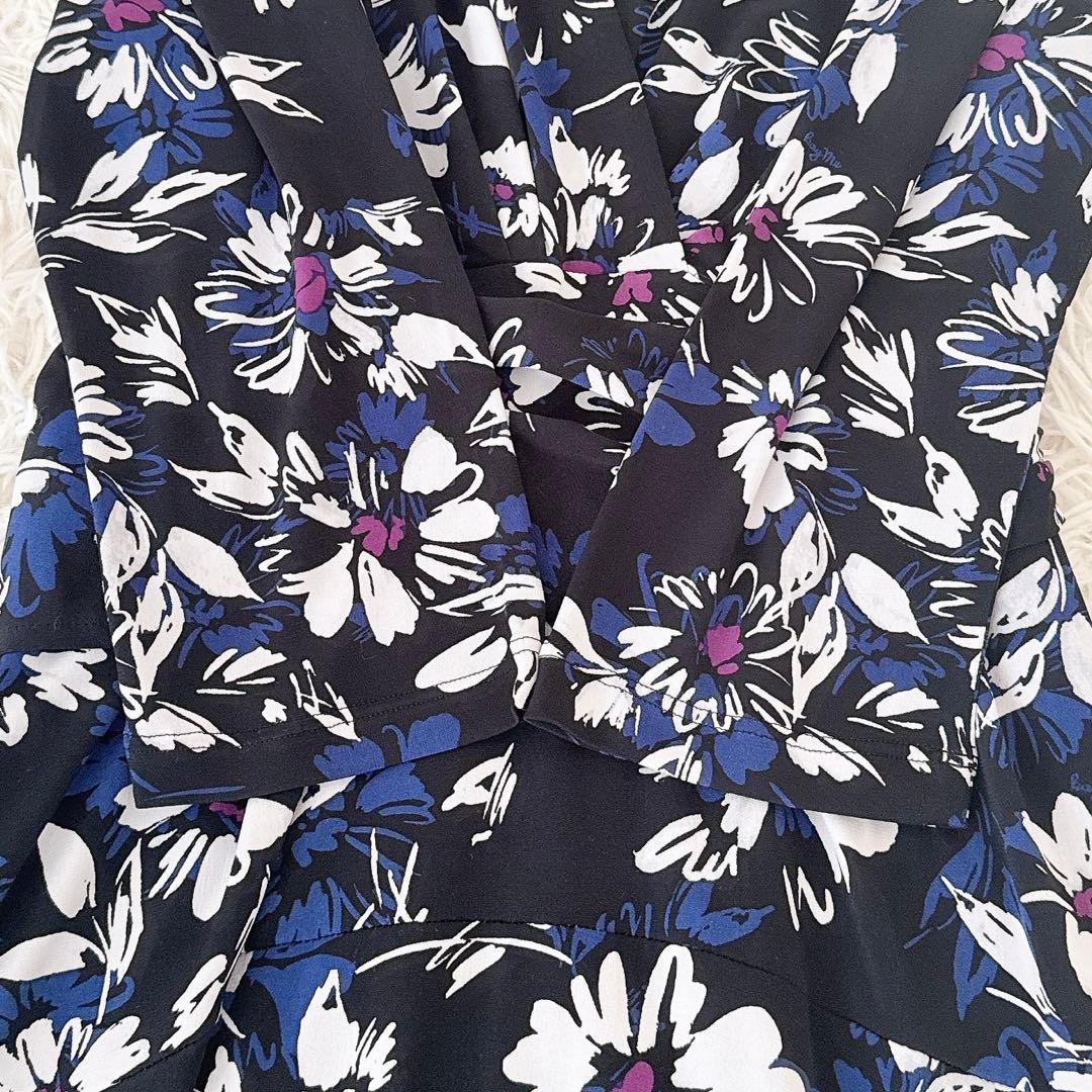 美品 11号✨近年 kayme ケイミー 花柄 カシュクールワンピース ネイビー