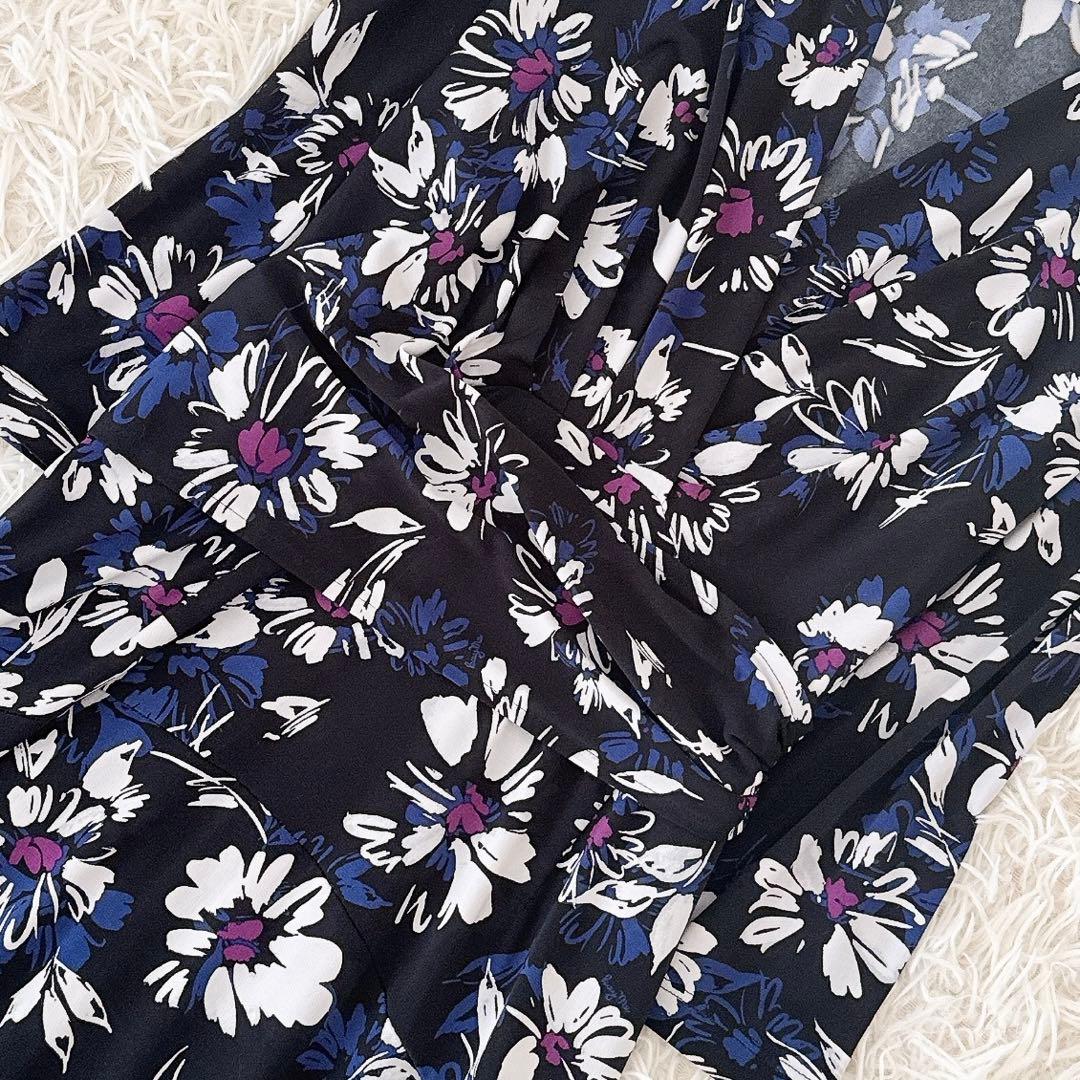 美品 11号✨近年 kayme ケイミー 花柄 カシュクールワンピース ネイビー
