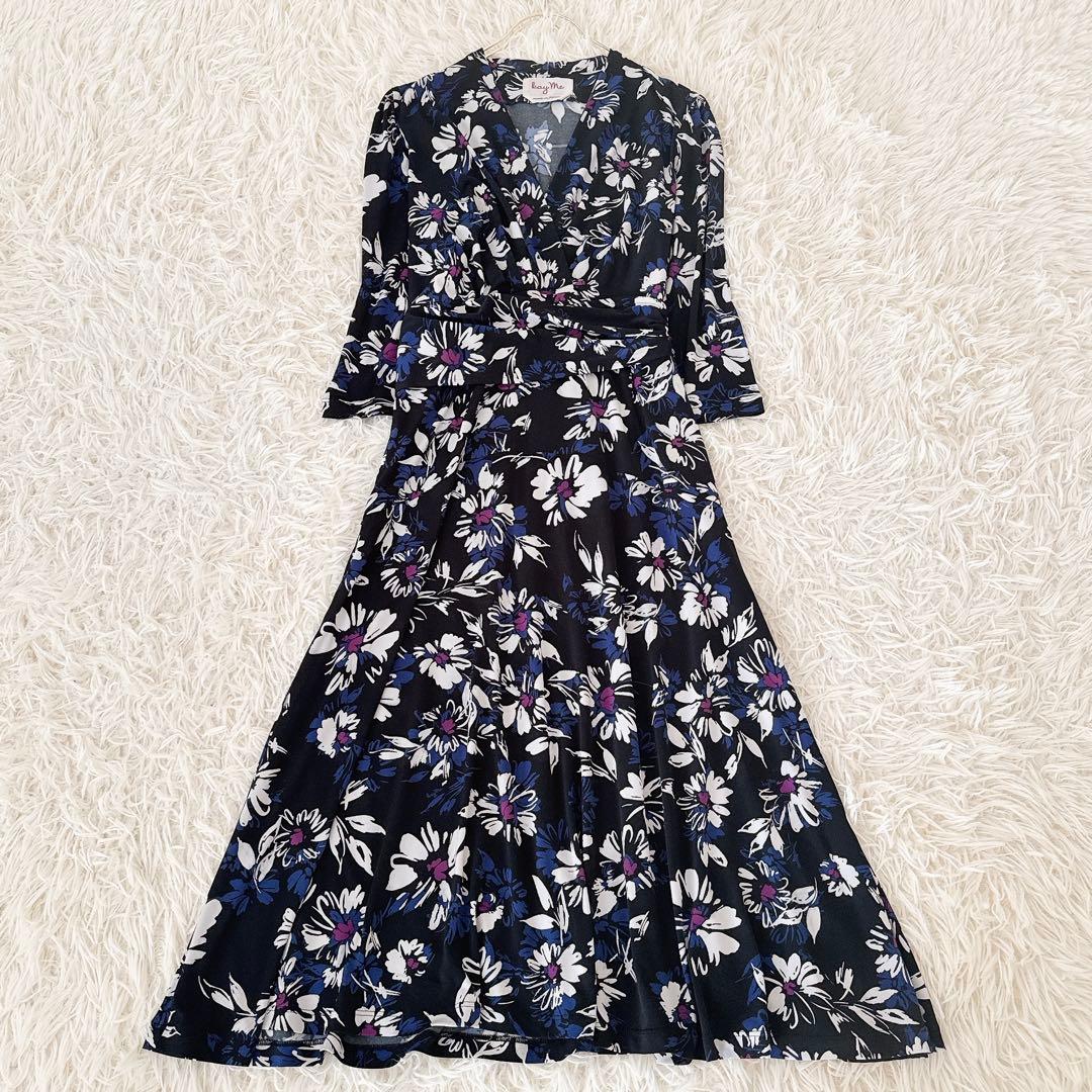 美品 11号✨近年 kayme ケイミー 花柄 カシュクールワンピース ネイビー