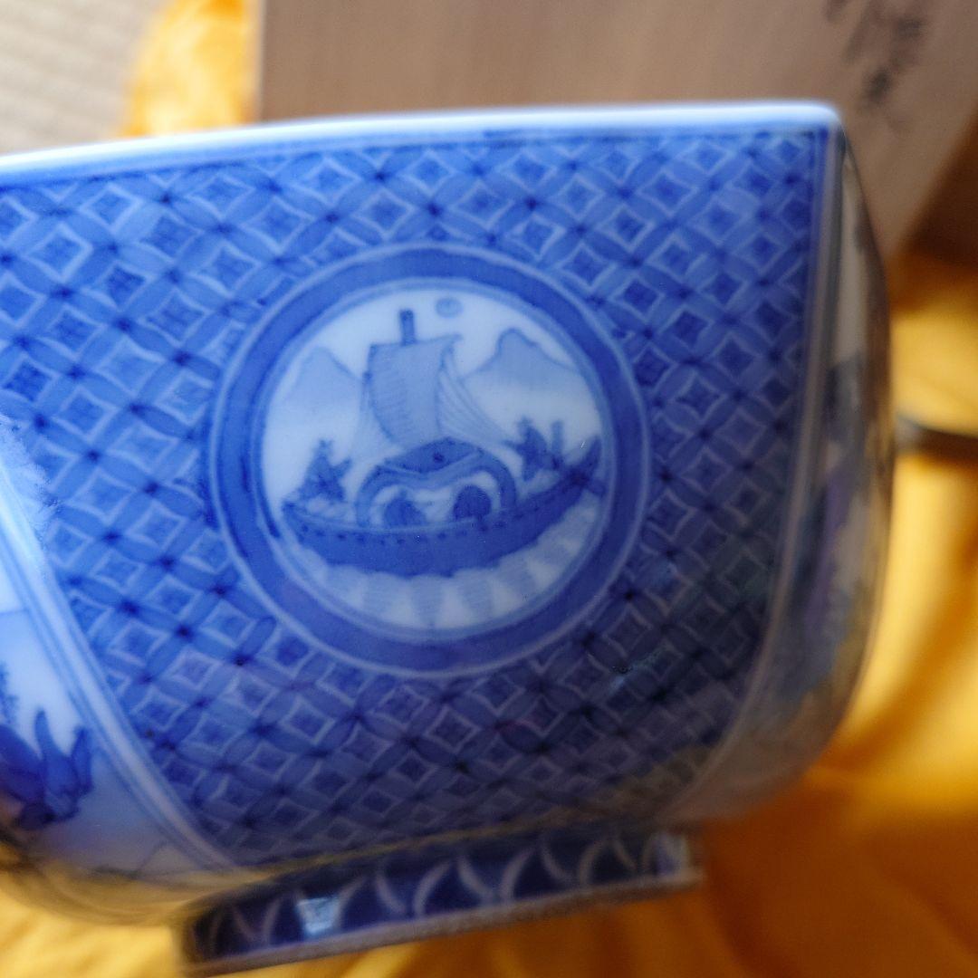 中国　南京焼　景徳窯　染付六角鉢　箱つき