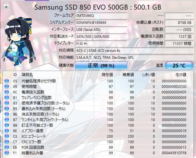 回数1237回・時間11357時間 SAMSUND 840EVO 500GB